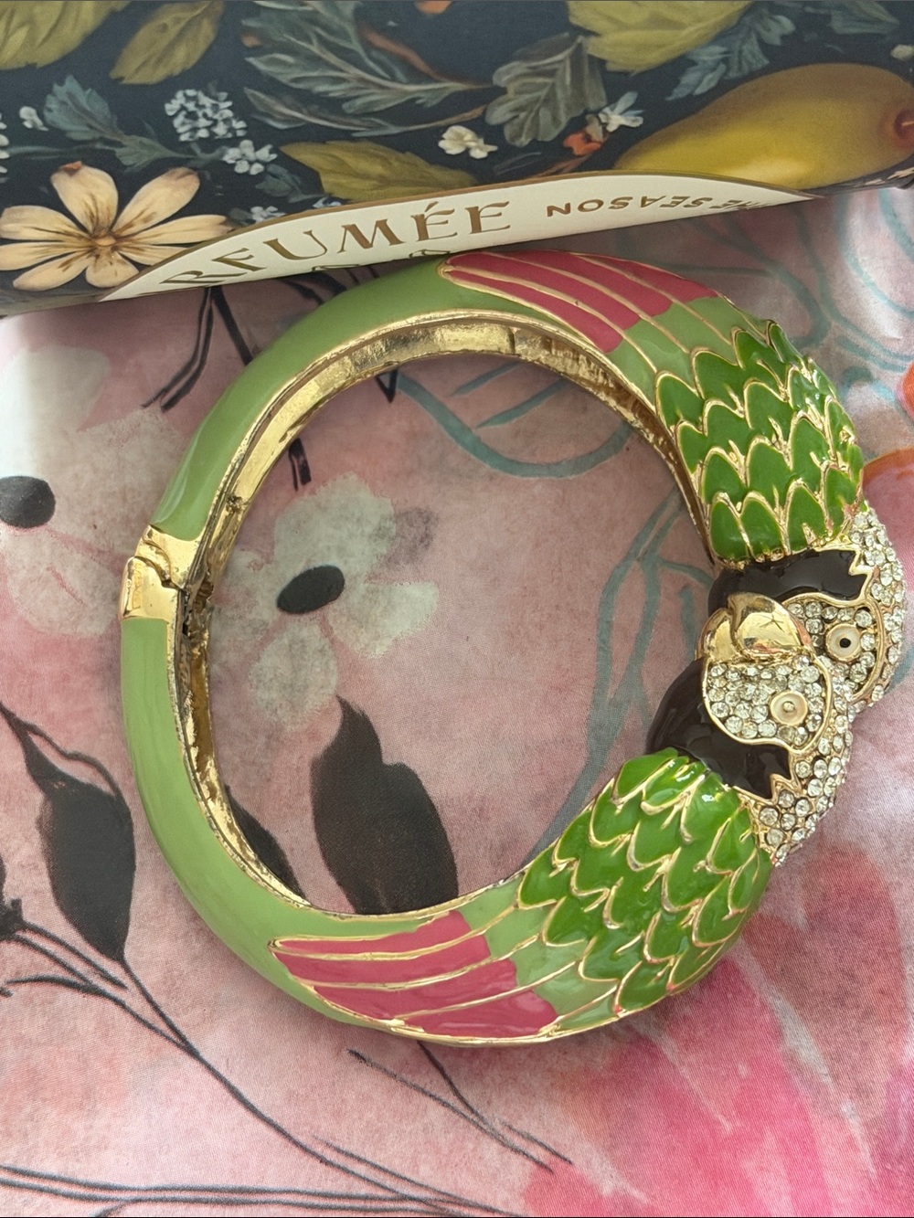 Parrot clamper bracelet green enamel black and pink with crystal gorgeous - Picture 4 of 17
